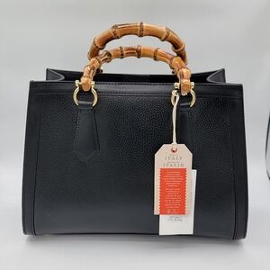Divina Firenze Black Leather Handbag with Bamboo Handles NEW #2677